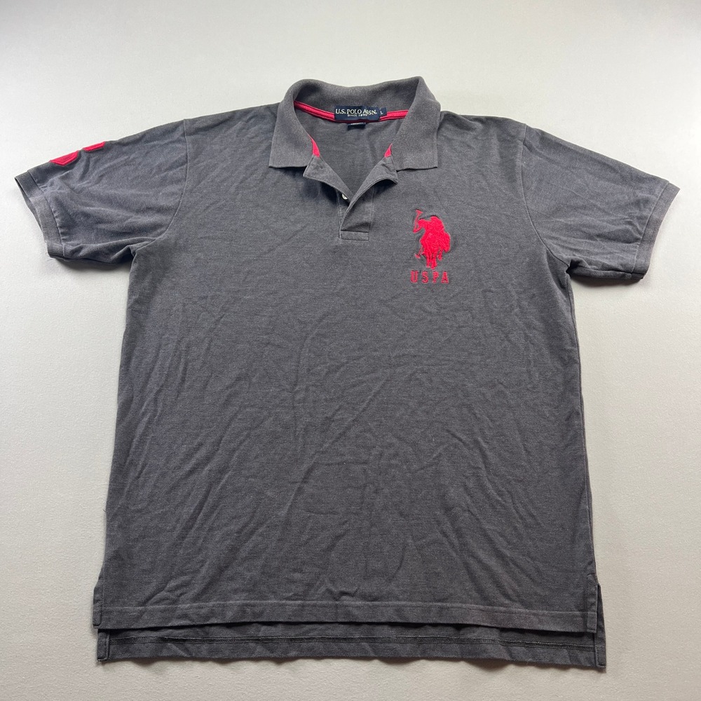 Us Polo Assn Pique Polo Shirt Mens Large Gray Red Embroidered Logo Short Sleeve